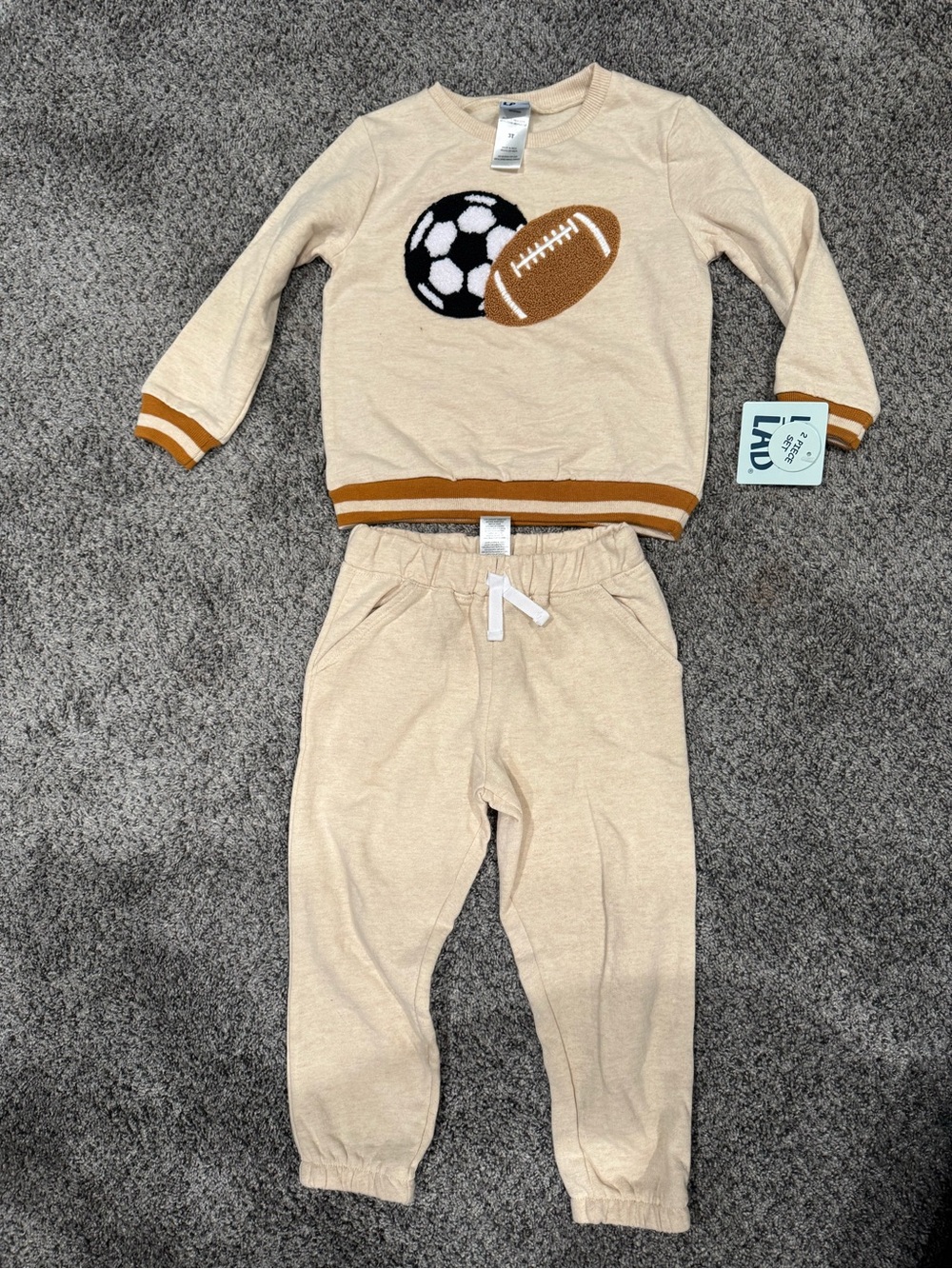 Kids Beige Sports Knit Matching Set with Football and Soccer Motif